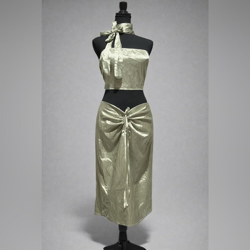 Sage Green Satin 2-Piece Halter Top & Ruched Midi Skirt Set